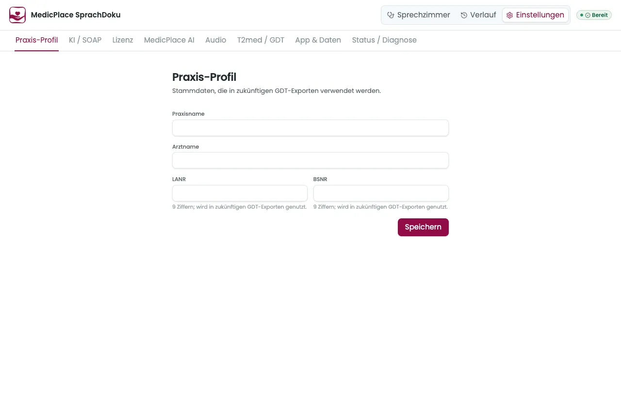 Einstellungen → Praxis-Profil mit Tab-Leiste