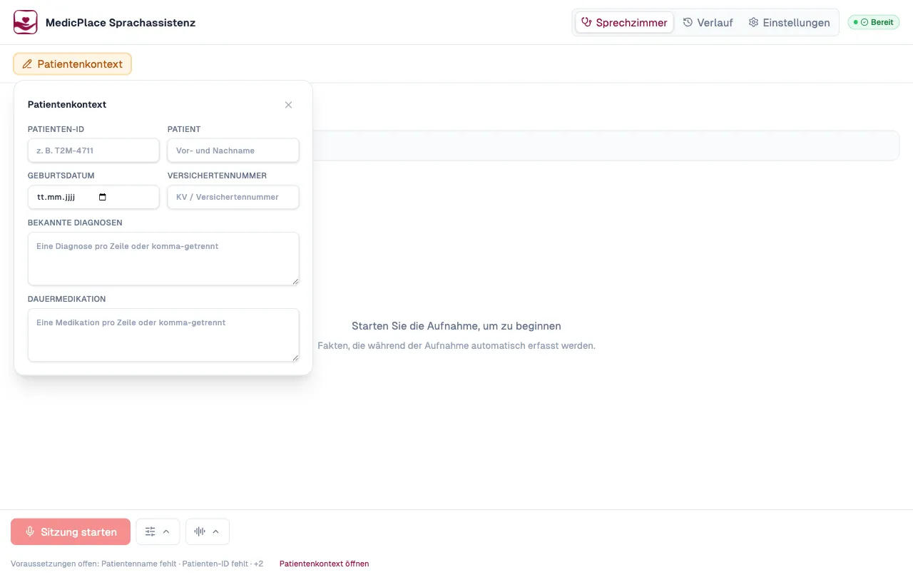 Patientenkontext-Popover mit Eingabefeldern